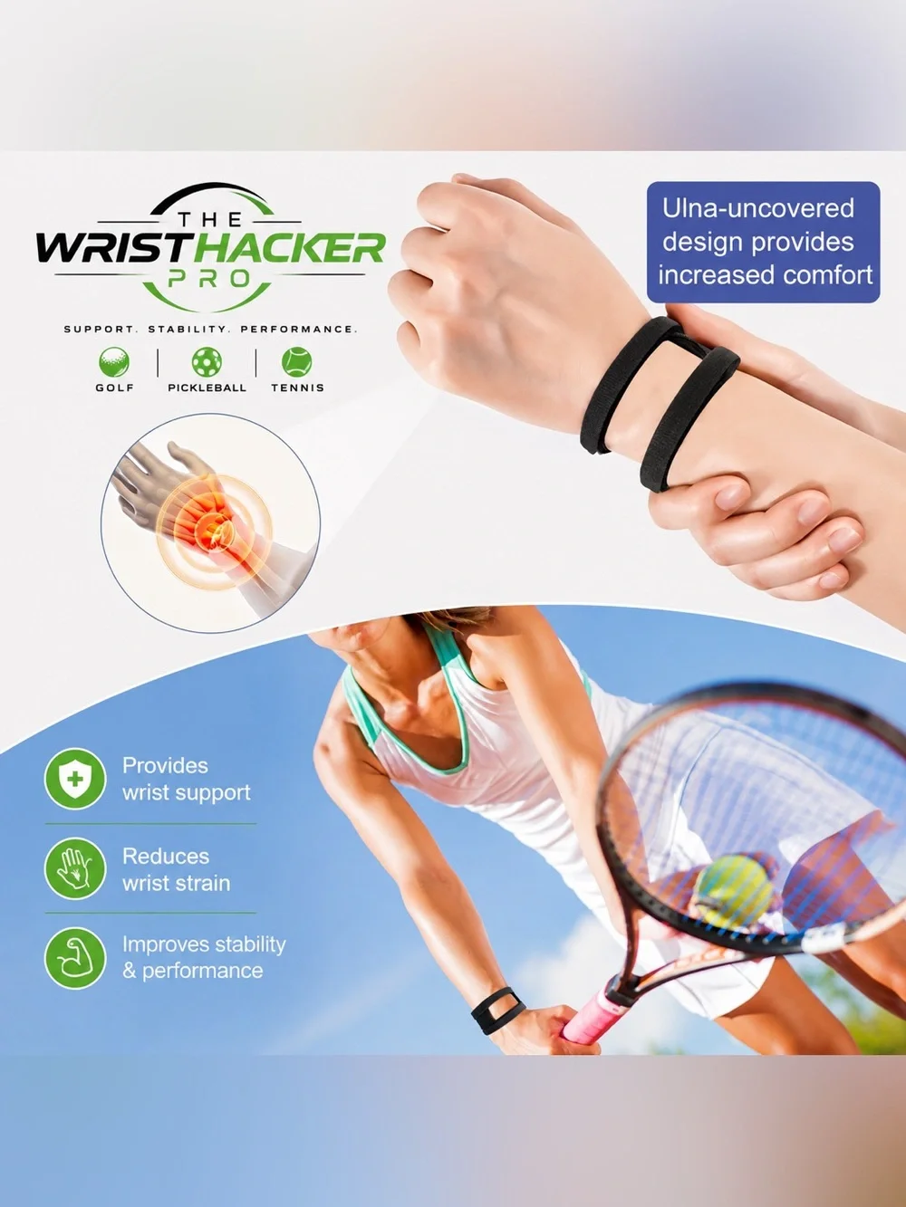 WristHacker Pro Wrist Support Strap for Golf, Pickleball, & Tennis